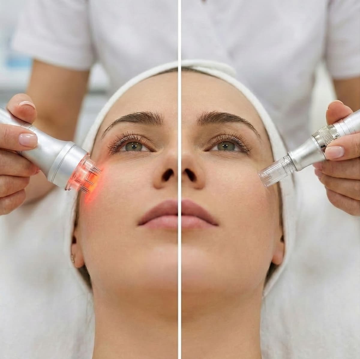 Split-screen comparison showing RF microneedling with red radiofrequency light on the left versus traditional mechanical microneedling on the right.